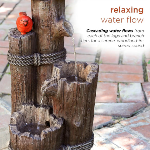 3 Tier Outdoor Birdhouse Water Fountain With Cardinal Accent, Rustic Brown Garden And Patio Decor, 35 Inch Tall, side view