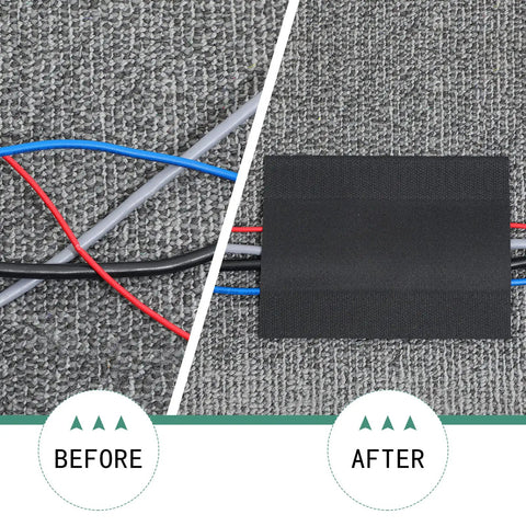 Comparison of loose cables and secured cables on carpet with Long 98.43 Ft Carpet Cord Cover And Cable Protector Floor Strip.