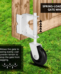 Built Like A Tank 4.3 Inch Spring Loaded Gate Caster Roller Wheel With Full 360 Swivel Action mounted on a wooden gate.