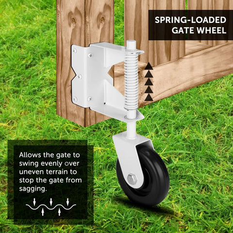 Built Like A Tank 4.3 Inch Spring Loaded Gate Caster Roller Wheel With Full 360 Swivel Action mounted on a wooden gate.