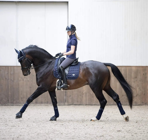 Rider on horse with Loire Classic Dressage Square Navy Large With Woven Satin Shine And Bamboo Breathable Comfort Ultra Soft Pad