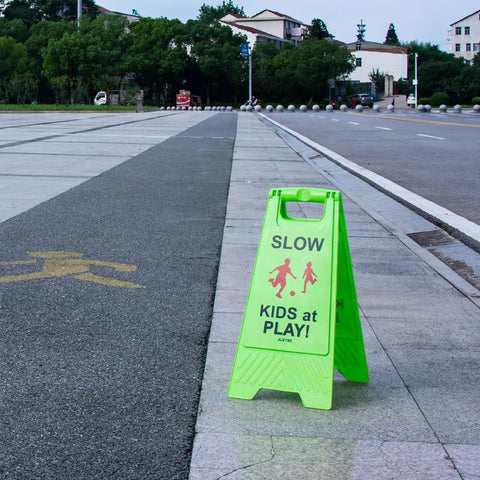 Bright Green Slow Down Kids At Play Sign For Street Caution Children Playing Outdoor Safety Sign for driveways and roads