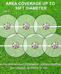 Heavy Duty Metal Square Lawn Sprinkler 360 Degree Rotary Water Sprinkler For Yard And Garden Connectable Automatic Irrigation System Up To 35 Ft Diameter Coverage Rust-Resistant And Durable showing area coverage