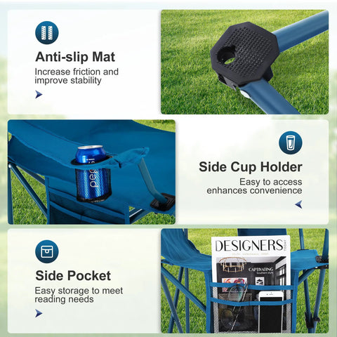 Details of Two Pack Folding Camp Chairs With Built In Four Can Cooler, Cup Holder, Storage Pocket, anti-slip mat, blue