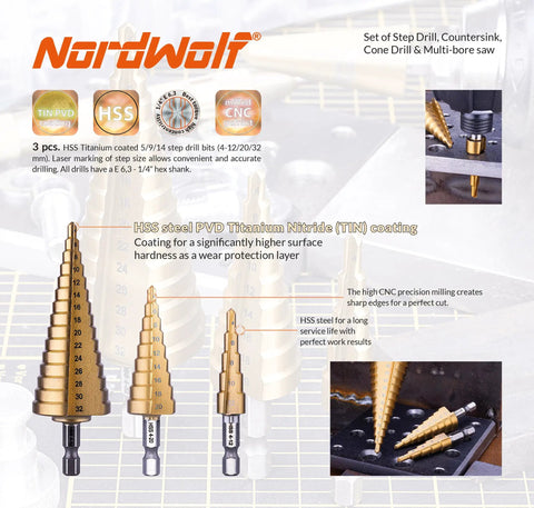 12 Piece HSS Titanium Drill Bit Set With Metric Step Drills 5 9 14 Steps And Cone Drill 4 12 20 32 MM Countersink Bits 6 Sizes