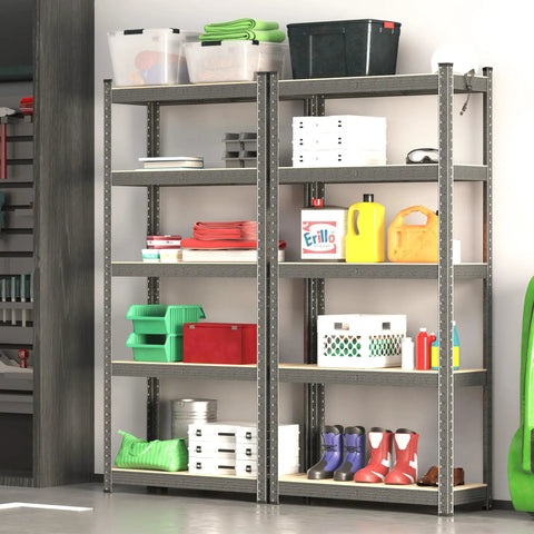 Four Heavy Duty Five Tier Storage Shelves 28 By 12 By 59 Inches Built Rock Solid Utility Rack Organizer For Garage Or Basement Gets The Job Done With Hammer Finish Steel Frame