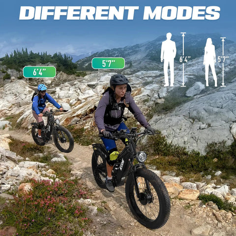Powerful Dual Motor 9000W Fat Tire Electric Bike For Adults on rocky trail, shown for riders 5'7" to 6'4"