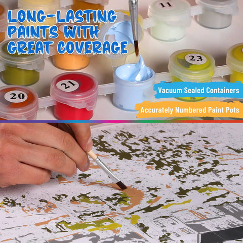 Chill Paint By Numbers Kit For Adults Unframed Canvas, numbered paint pots and hand with brush on Rocky Mountain Campsite 16x20