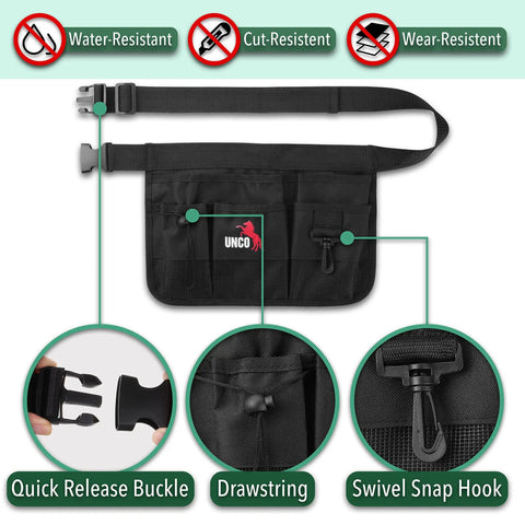 Garden Tool Belt For Men With Pockets, Durable Waist Apron For Yard Work, showcasing buckle, drawstring, swivel snap hook