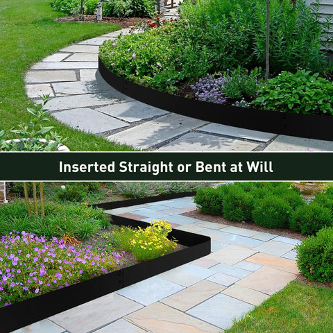 No Dig Metal Landscape Edging That Ends Mess Easy Install Rust Resistant Galvanized Steel Garden Border 39 By 10 Inches Black Outdoor Edging Pack Of 5 For Lawn Flower Beds Pathways Yard showcasing flexibility with straight and bent installation on a garden pathway.