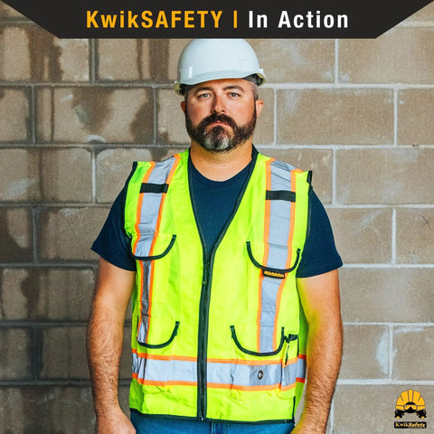 Man wearing Godfather High Visibility Safety Vest 2 Pack With Cushioned Collar Class 2 ANSI OSHA Reflective Mesh Zip Front 9 Pockets