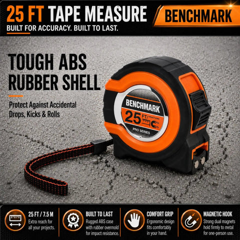 Three Pack 25 Foot Tape Measures With Easy Read Fractions To One Eighth Inch, Magnetic Tip, Quick Lock Tension, Auto Wind