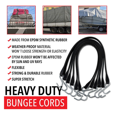 Heavy Duty Rubber Bungee Cords With Hooks For Tarp And Cargo Straps Made In USA, black durable tie down gear for securing cargo