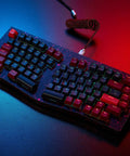 Slick Aluminum Mechanical Keyboard Boasting Ergonomic Split Alice Layout Hot Swappable Creamy Linear Switches Tri Mode Wireless And Gnarly Rgb Lighting For Flawless Typing Sessions In Dope Burgundy top view with RGB backlighting.