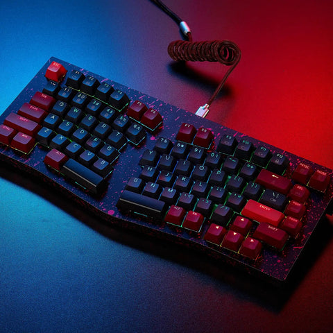 Slick Aluminum Mechanical Keyboard Boasting Ergonomic Split Alice Layout Hot Swappable Creamy Linear Switches Tri Mode Wireless And Gnarly Rgb Lighting For Flawless Typing Sessions In Dope Burgundy top view with RGB backlighting.