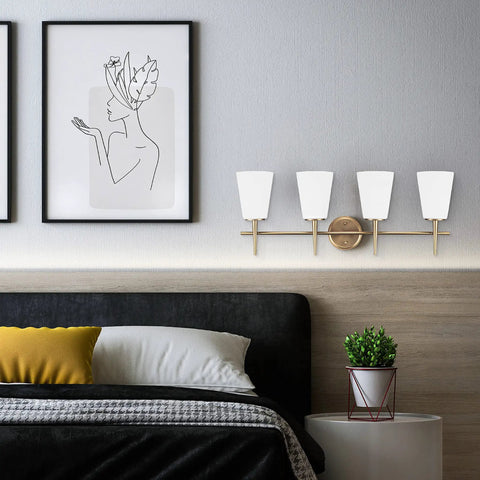 Driscoll Four Light Vanity Wall Light With Cased Opal Etched Glass Shades Satin Bronze Finish Wet Location Rated Sleek Modern