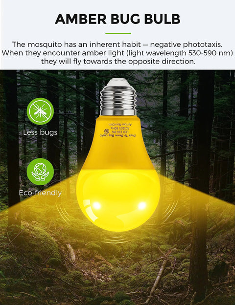 Amber Porch Light Bulbs With Dusk To Dawn Sensor For Outdoor Use, 2000K Yellow Bug Light Bulbs emitting glow in forest