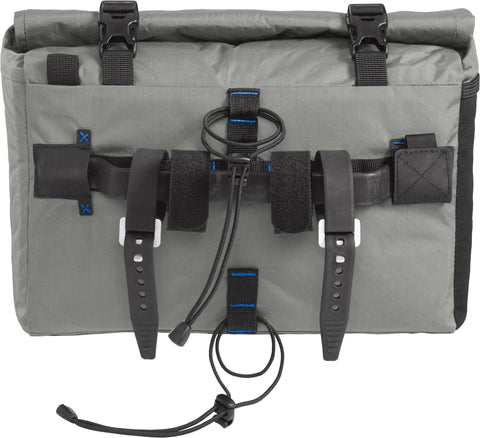 Mule 12 Bikepacking Waterproof Handlebar Bag With Roll-Top Design showing secure straps and mounting system.