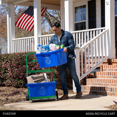 Tough As Nails Heavy Duty Recycle Bin Cart With Aluminum Frame And Stainless Steel Hardware Manages Four Hundred Pounds for curbside collection.