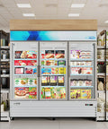 Heavy Duty Triple Glass Door Upright Freezer Merchandiser In Crisp White 52 Cubic Feet with frozen food display.