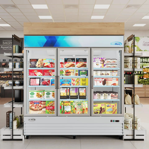 Heavy Duty Triple Glass Door Upright Freezer Merchandiser In Crisp White 52 Cubic Feet with frozen food display.