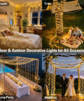 168Ft Outdoor LED String Lights With 600 Warm White LEDs Clear Wire Waterproof Plug In For Patio Garden Pergola Tree Decor Wedding Party Holidays Christmas Bedroom Vibes displayed in various settings