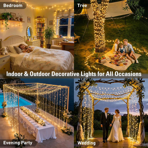 168Ft Outdoor LED String Lights With 600 Warm White LEDs Clear Wire Waterproof Plug In For Patio Garden Pergola Tree Decor Wedding Party Holidays Christmas Bedroom Vibes displayed in various settings