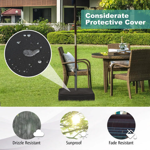 Heavy Duty Beefy 220 Pound Patio Umbrella Base With Sandbags, All Weather Oxford Cover, shown in a garden setup, protects against rain.