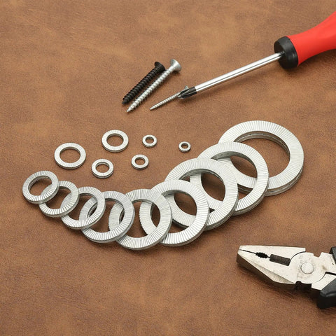 20 Pack M8 Wedge Locking Washers, Heavy Duty Manganese Steel Safety Hardware For Bolts And Screws beside screws and a screwdriver.