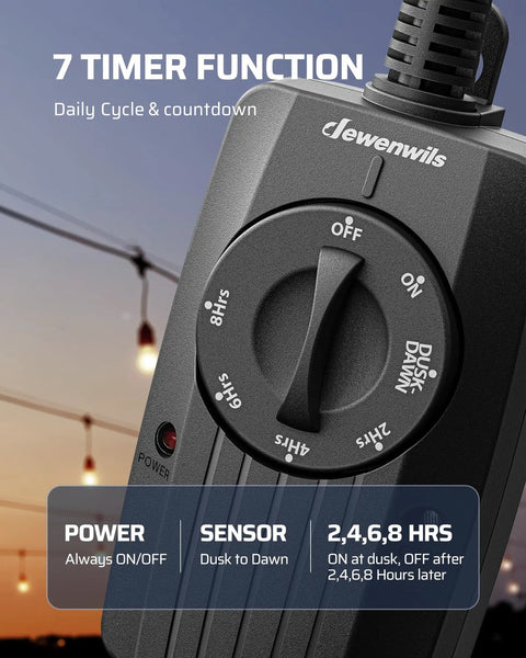 Heavy Duty Two Pack Outdoor Light Timer Featuring Smart Dusk To Dawn Photocell Sensor UL Listed All Season Weather Ready Quick Wire No Sweat Setup For Patios showing timer function and dial settings.