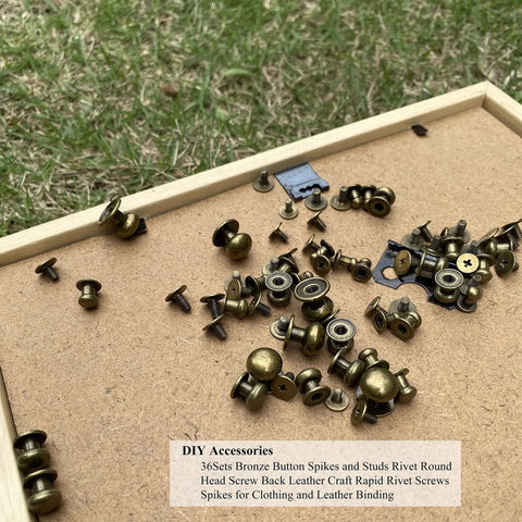 Top Shelf Bronze Button Stud Screws Kit Packs 36 Heavy Duty Rivets In Four Exact Sizes For Tough Leather Work And Badass Diy Builds Giving You A Slick Rust Proof Zinc Finish, brass button spikes on a cork board.