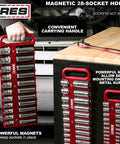 Magnetic Socket Holder For 3/8 Inch Drive Red Organizer Holds 28 Sockets hanging by car engine, showing magnets