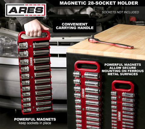 Magnetic Socket Holder For 3/8 Inch Drive Red Organizer Holds 28 Sockets hanging by car engine, showing magnets