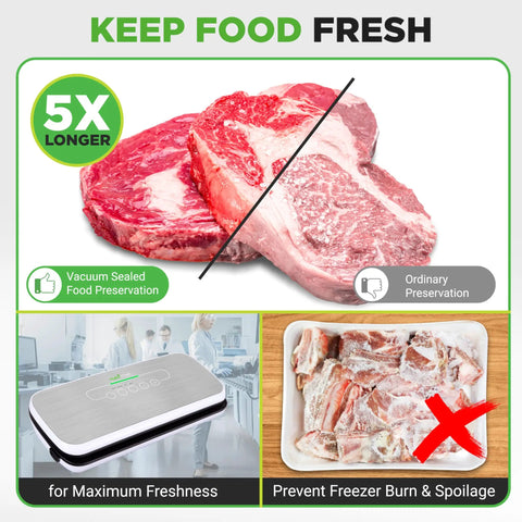 Heavy Duty Commercial Grade Vacuum Sealer Bags 8X50 Rolls 2 Pack with meat comparison showing sealed freshness vs freezer burn