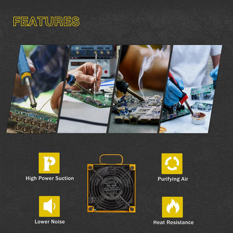 Solder Smoke Absorber And Fume Extractor For Soldering Station DIY Working Fan With Zero Point Four Inch Activated Carbon Filter Keeps Your Shop Fresh And Odor Free Portable Yellow Unit features highlights
