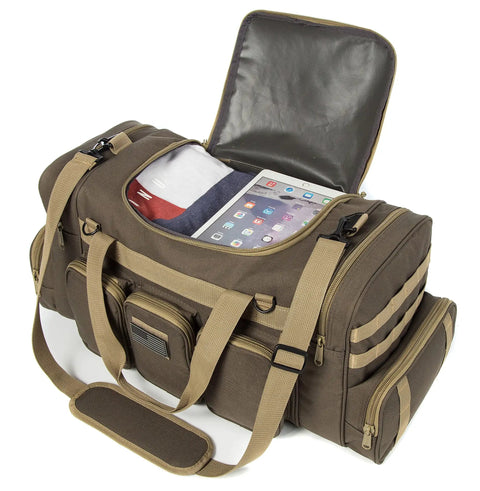 Khaki 27 inch Heavy Duty Tactical Range Duffel with MOLLE Gear, Lockable Zippers, Water Resistant Polyester, US Flag Patch, open view