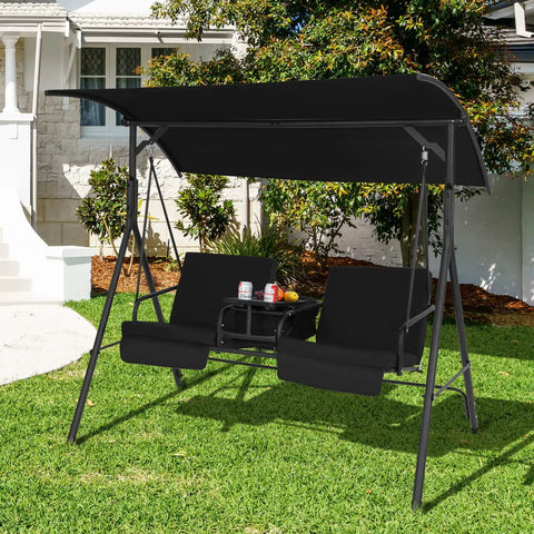 Two Person Porch Swing With Canopy Outdoor Swing With Pivot Storage Table Cooler Bag Two Cup Holders Removable Cushions Patio Swing
