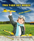 Child holding Beginner Friendly 2CH RC Plane Ready To Fly Hobby Glider with Luminous Yellow Strip, illustrating takeoff modes.