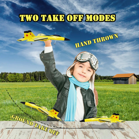 Child holding Beginner Friendly 2CH RC Plane Ready To Fly Hobby Glider with Luminous Yellow Strip, illustrating takeoff modes.