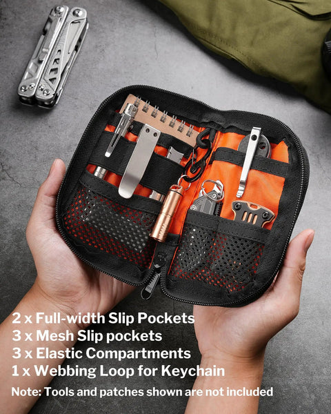 Hands holding open EDC Pouch With Ten Compartments Small Pocket Tool Organizer For Multitools Men DIY Patches Area.