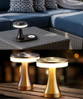 Rechargeable LED Table Lamp With Wireless Charging Pad Dimmable Night Light For Bedroom Patio Nursery Or Restaurant Ambience Cozy Vibes Portable USB Cable Included Black on patio and wood surfaces