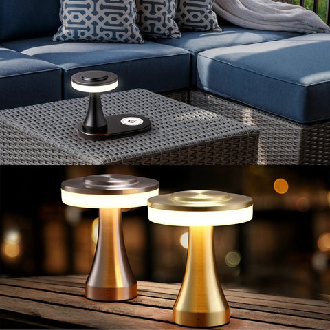 Rechargeable LED Table Lamp With Wireless Charging Pad Dimmable Night Light For Bedroom Patio Nursery Or Restaurant Ambience Cozy Vibes Portable USB Cable Included Black on patio and wood surfaces