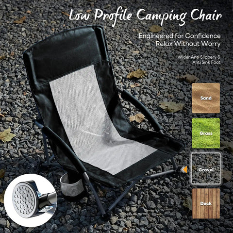 Foldable Camping Beach Chair For Adults With Cup Holders, mesh seat, stable on gravel, extra wide, black color