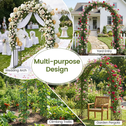 Heavy Duty 86 Inch Steel Garden Arch Pergola Arbor with ground stakes, ideal for weddings, parties, and backyard decor; multipurpose use