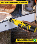 Cordless Chainsaw Sharpener Kit With 12V Power Portable On The Go Sharpening Tool in use on chainsaw chain, titanium bits visible