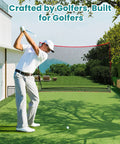 Golfer using Backyard Golf Net 10x7 Ft With Frame For Indoor And Outdoor Practice, Heavy Duty Hitting Net for home practice in yard