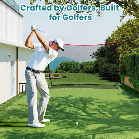 Golfer using Backyard Golf Net 10x7 Ft With Frame For Indoor And Outdoor Practice, Heavy Duty Hitting Net for home practice in yard