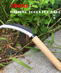 Grass Sickle With Sawtooth Edge Weeding Hoe For Garden High Toughness Stainless Steel With Solid Wood Handle on grass