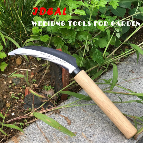 Grass Sickle With Sawtooth Edge Weeding Hoe For Garden High Toughness Stainless Steel With Solid Wood Handle on grass