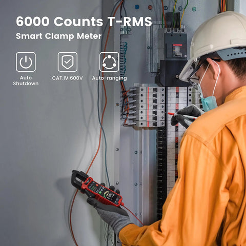 Technician using Smart Digital Clamp Meter With D-Shaped Jaws And Color Screen, Auto-Ranging Amp Meter For Inrush Current.